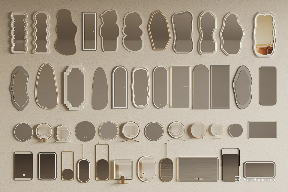 Mirrors of Various Shapes and Different Styles Arranged Neatly on the Wall 3d model 