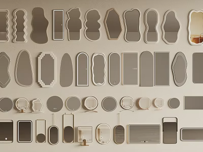 Mirrors of Various Shapes and Different Styles Arranged Neatly on the Wall 3d model