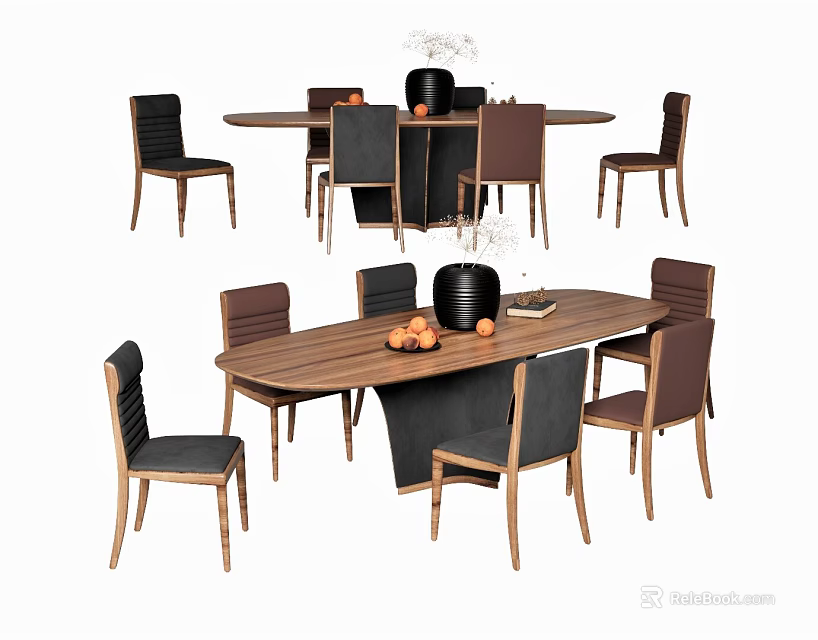 Modern Round and Rectangular Wooden Dining Table Set with Mixed Chairs and Decorative Vase 3d model