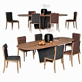 Modern Round and Rectangular Wooden Dining Table Set with Mixed Chairs and Decorative Vase 3d model