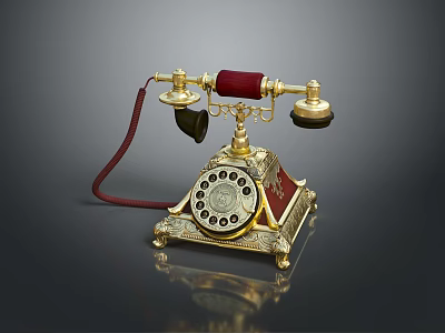 Vintage Golden Accent Telephone With Red Handset Rotary Dial And Metal Base 3d model