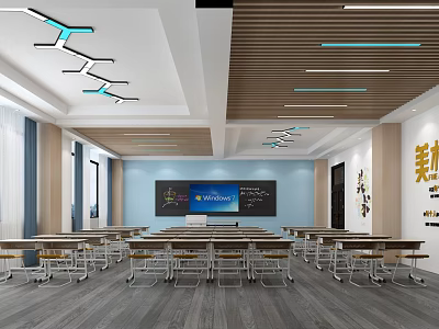 Book Art Classroom Design With Desks Chairs Blackboard And Wall Decorations 3d model