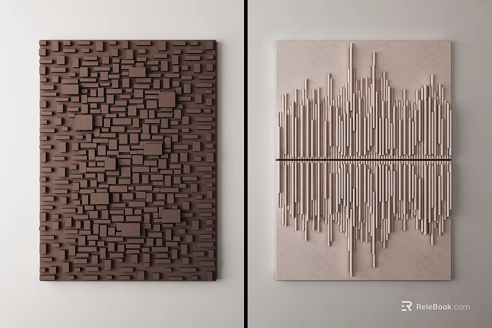 Modern 3D Wall Decor with Brown Geometric Blocks and Beige Metal Wave Patterns 3d model 