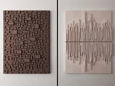 Modern 3D Wall Decor with Brown Geometric Blocks and Beige Metal Wave Patterns 3d model