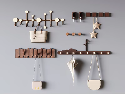 Stylish Wall Mounted Coat Racks With Wooden Hooks Star Decorations Hanging Bags And Umbrella 3d model