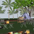 Outdoor Camping Tent Setup With Bonfire Chairs Tables String Lights And Trees 3d model