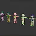 Game Movie 3D Characters in Various Outfits Holding Hands in Line on Dark Reflective Floor