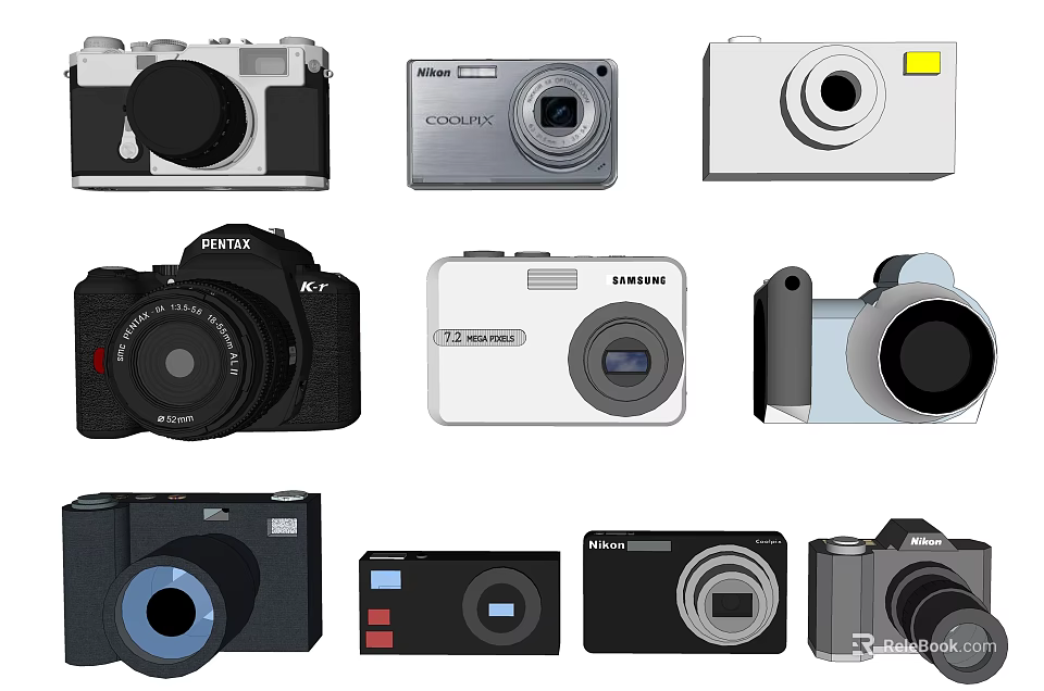 Showcase Of Digital Cameras With Various Models Types And Brands 3d model