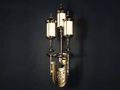 Elegant Vintage Brass Wall Lamp With Three Glass Shades And Ornate Decorative Details 3d model