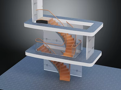 Modern Spiral Staircase With Wooden Steps White Railing And Multi Level Platforms 3d model