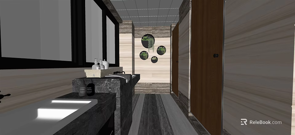 Modern Public Restroom Interior With Wooden Walls Circular Decorations Washbasins And Mirrors 3d model 