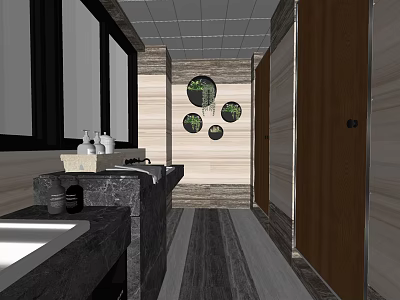 Modern Public Restroom Interior With Wooden Walls Circular Decorations Washbasins And Mirrors 3d model