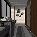 Modern Public Restroom Interior With Wooden Walls Circular Decorations Washbasins And Mirrors