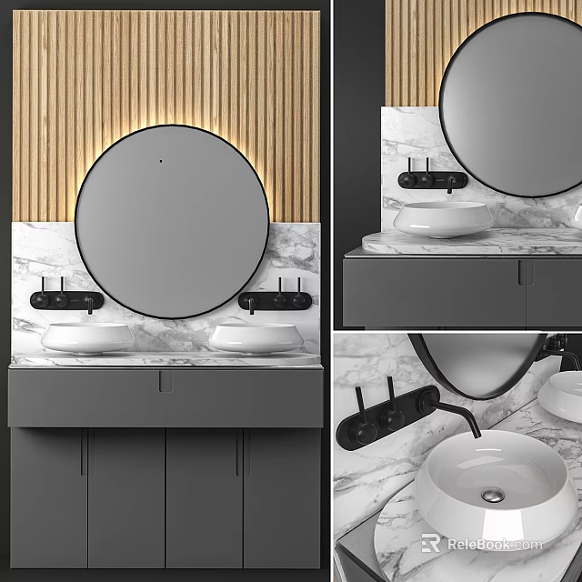 Modern Bathroom Vanity With Round Mirror Double Sinks Marble Countertop Black Faucets And Gray Cabinets 3d model 
