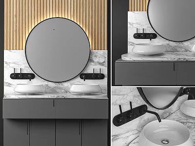 Modern Bathroom Vanity With Round Mirror Double Sinks Marble Countertop Black Faucets And Gray Cabinets 3d model