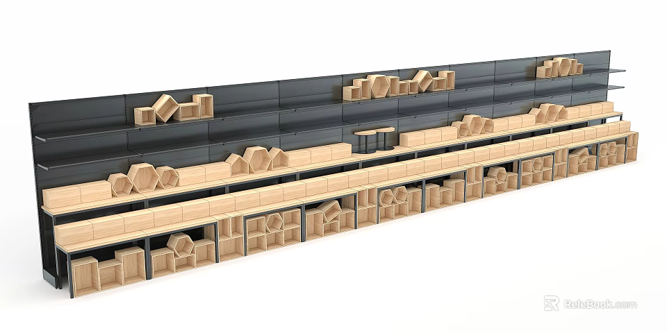 Modular Storage System With Wooden Geometric Blocks And Black Multi Layered Shelves 3d model
