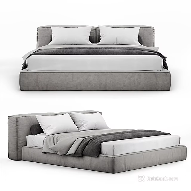 Modern Double Bed With Gray Frame White Pillows And Soft Bedding 3d model 