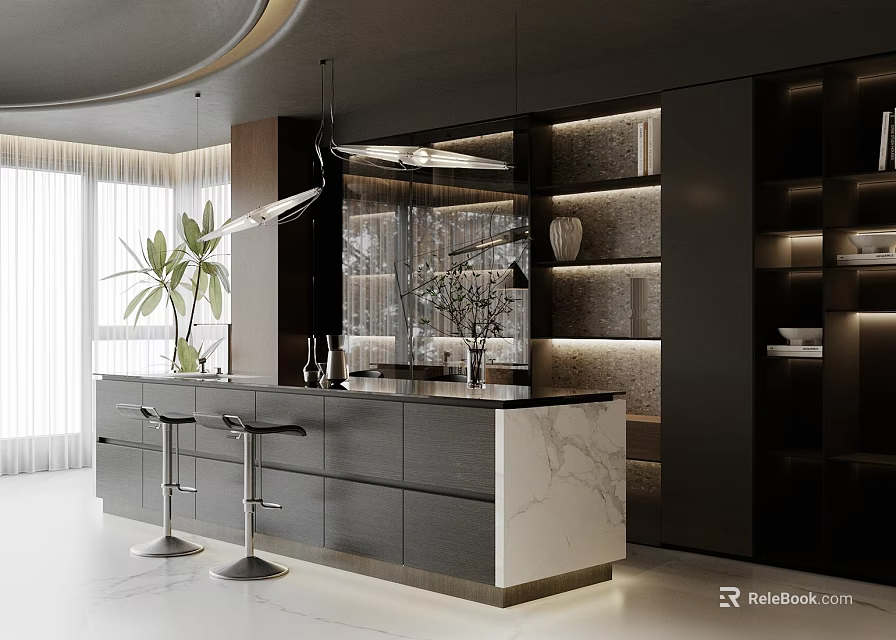 Modern Kitchen Interior Design With Marble Island Counter And Bar Stools 3d model 