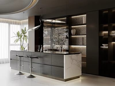 Modern Kitchen Interior Design With Marble Island Counter And Bar Stools 3d model