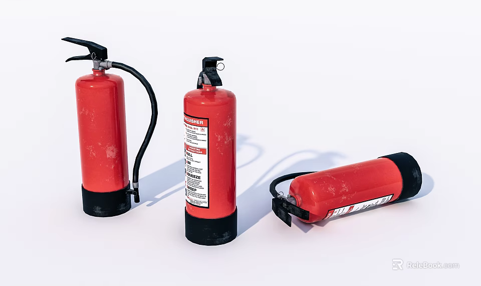Red Fire Extinguishers in Various Positions with Labels and Black Components for Fire Safety 3d model 