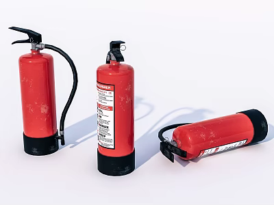 Red Fire Extinguishers in Various Positions with Labels and Black Components for Fire Safety 3d model