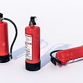 Red Fire Extinguishers in Various Positions with Labels and Black Components for Fire Safety 3d model