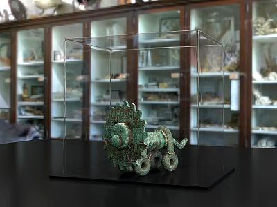 Ancient Bronze Sculpture Displayed in Clear Acrylic Case with Museum Cabinets Background 3d model