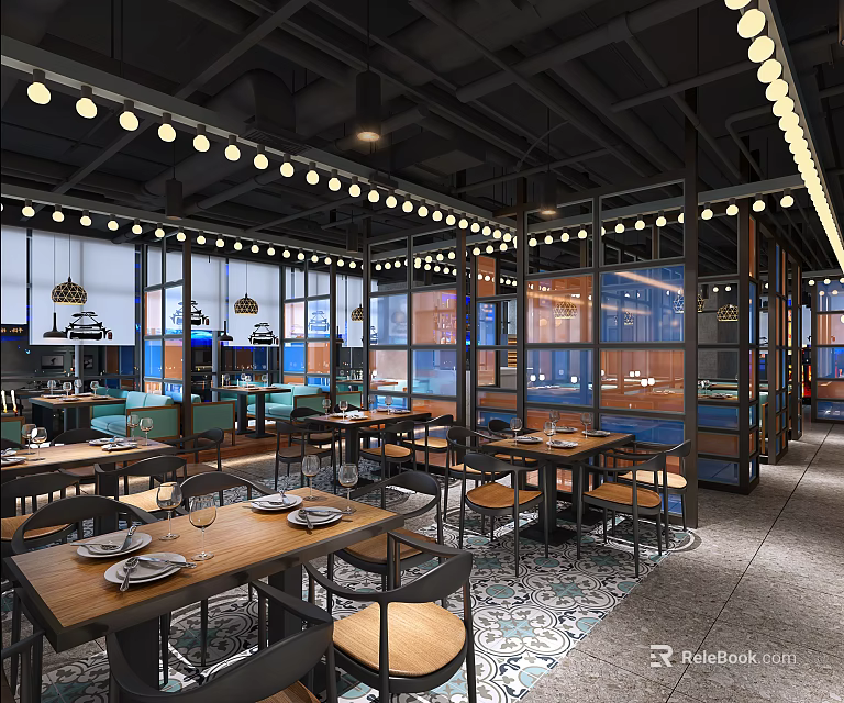 Modern Restaurant Interior Design With Dining Tables Chairs Pendant Lights And Large Windows 3d model