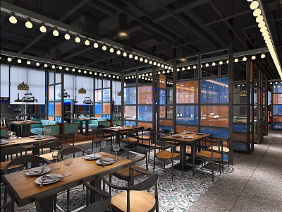 Modern Restaurant Interior Design With Dining Tables Chairs Pendant Lights And Large Windows 3d model