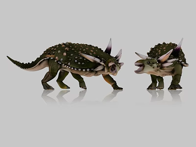 Reptile Two Triceratops Green With White Spots Horns And Armored Plates Standing Face To Face 3d model