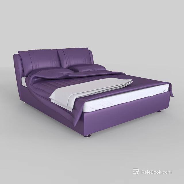 Purple Leather Double Bed With Upholstered Headboard Two Pillows And White Bedspread 3d model 