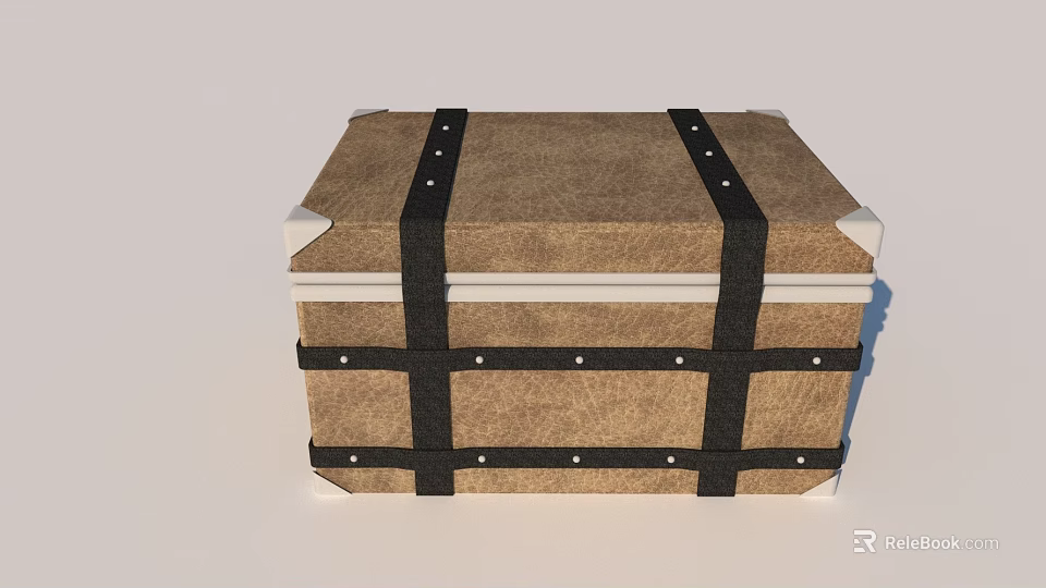 Vintage Brown Storage Trunk With Black Straps Metal Rivets And Silver Corners 3d model 