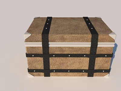 Vintage Brown Storage Trunk With Black Straps Metal Rivets And Silver Corners 3d model