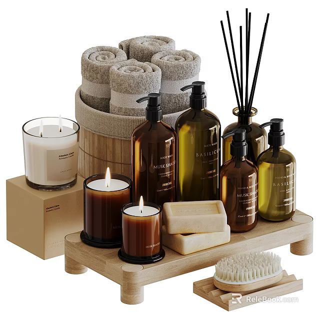 Bath Daily Essentials on Wooden Tray with Rolled Towels Candles Soap Bottles and Brush 3d model 