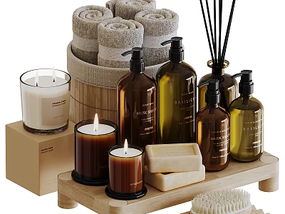 Bath Daily Essentials on Wooden Tray with Rolled Towels Candles Soap Bottles and Brush 3d model