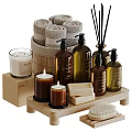 Bath Daily Essentials on Wooden Tray with Rolled Towels Candles Soap Bottles and Brush
