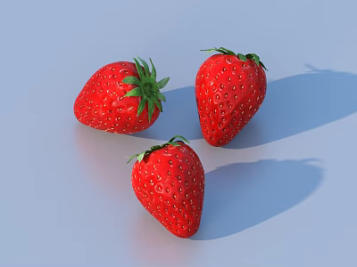 Three Fresh Ripe Strawberries With Green Leaves On Light Blue Surface 3d model