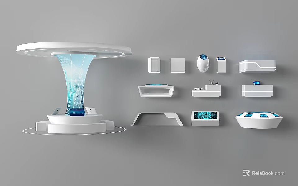 Modern Display Shelves Featuring White Sleek Structure Blue Lighting And Various Shapes 3d model