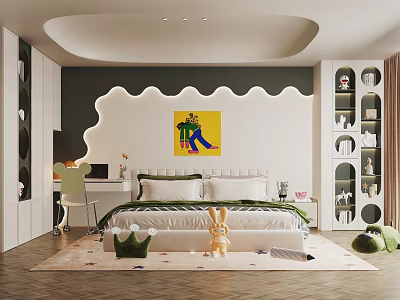 Cozy Kids Bedroom With Wavy Wall Decor Desk Chair Cartoon Painting And Stuffed Toys 3d model