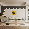 Cozy Kids Bedroom With Wavy Wall Decor Desk Chair Cartoon Painting And Stuffed Toys