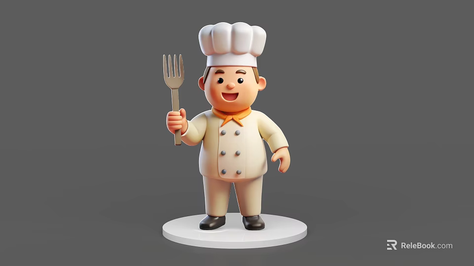 3D Game Movie Chef Character Wearing Chef Hat Holding Fork Smiling on White Base 3d model 
