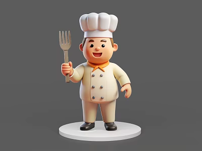 3D Game Movie Chef Character Wearing Chef Hat Holding Fork Smiling on White Base 3d model