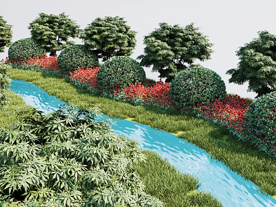 Tranquil Courtyard Garden Featuring a Flowing Stream Lush Greenery Trimmed Bushes and Colorful Flower Beds 3d model