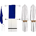 Blue And White Towels With White Bathrobes On Bathroom Towel Rack