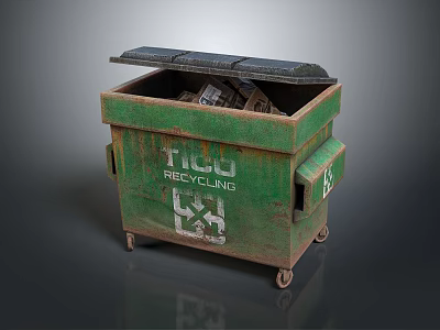 Green Recycling Bin With 100 Percent Sign And Wheels Filled With Recyclables 3d model
