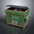 Green Recycling Bin With 100 Percent Sign And Wheels Filled With Recyclables