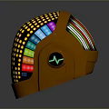Futuristic Weapon with Orange Body Featuring Yellow Dots Colorful Stripes and Green Logo Design
