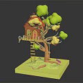 Cute Cartoon Treehouse Scene With Red Roof Yellow Leaves Tree Wooden Ladder And Small Platform
