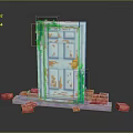 Pixel Style Blue Door With Green Vines And Orange Weathered Marks On Red Brick Base
