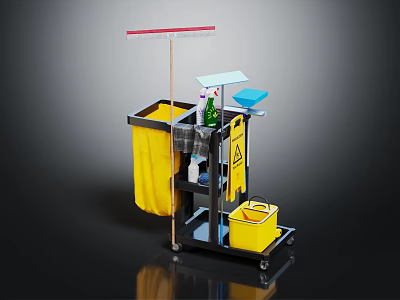 Functional Cleaning Cart With Mop Yellow Bucket Cleaning Supplies And Warning Sign 3d model